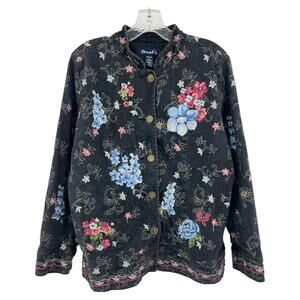Vintage 90s Denim & Co Black Floral Embroidered Jean Jacket Mandarin Collar M